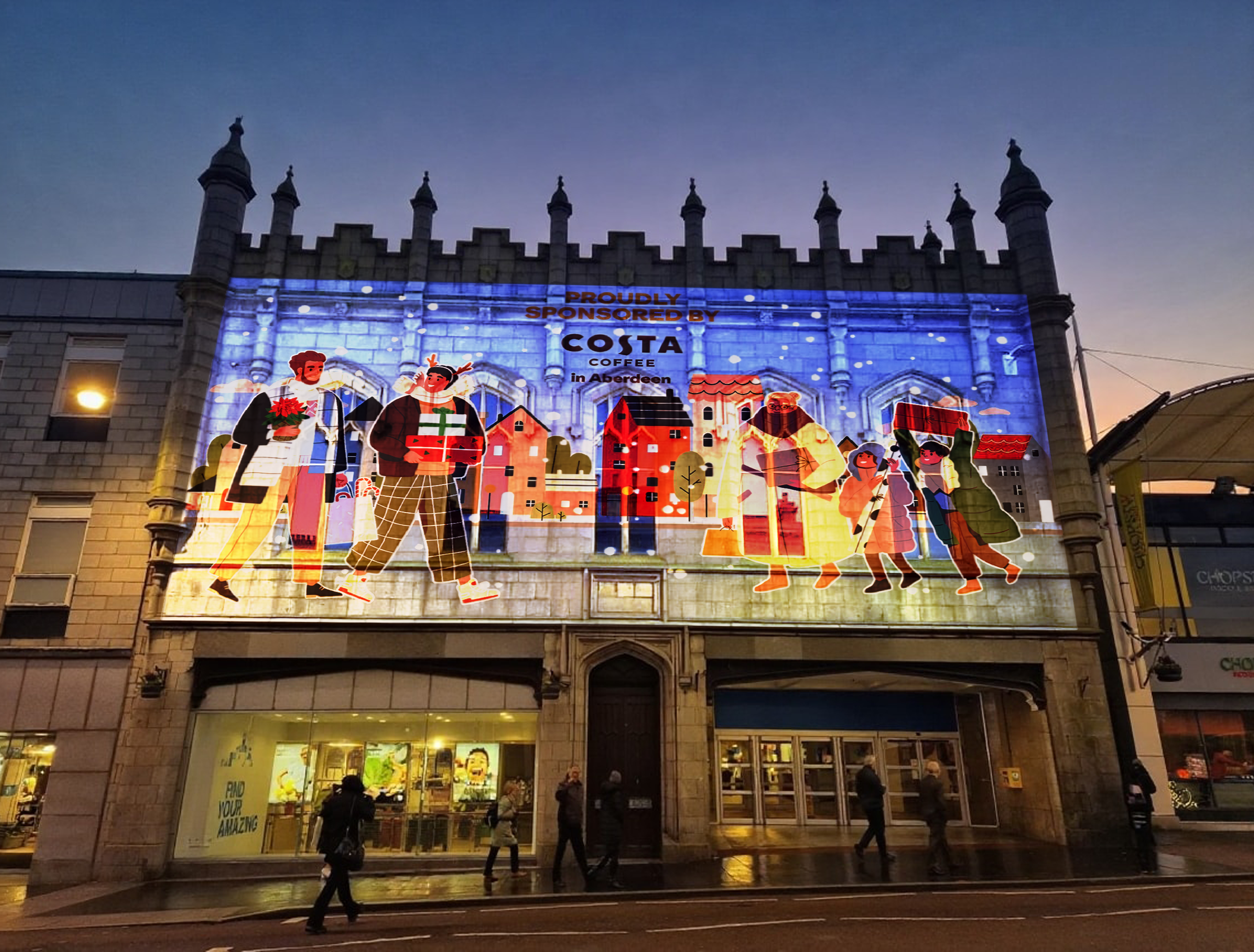 Union Street iconic buildings will be lit up with festive Christmas animations thanks to Aberdeen Inspired and Costa Coffee Aberdeen